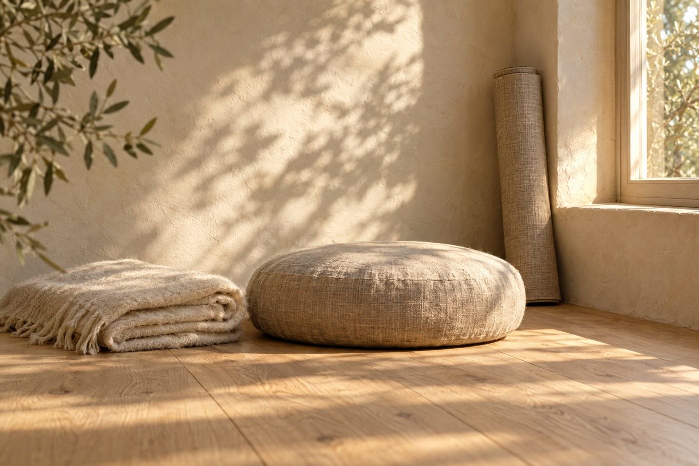 Linen floor cushion, folded cream wool blanket and rolled linen mat on an oak floor in a patch of morning sun