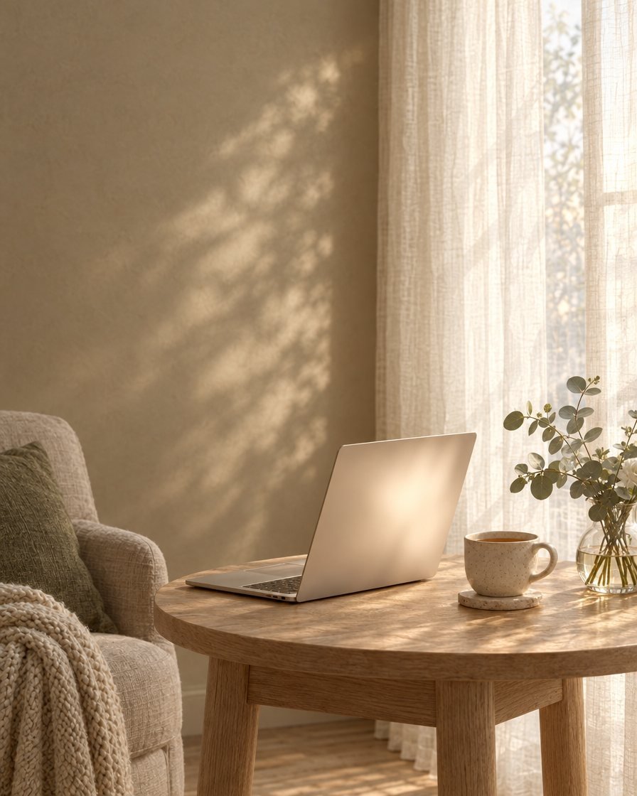 A laptop and a cup of tea on a round oak table beside a linen armchair