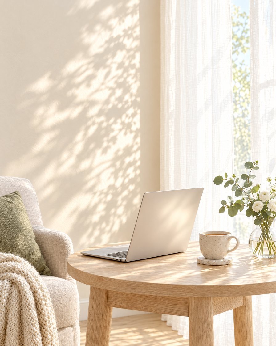 A laptop and a cup of tea on a round oak table beside a linen armchair