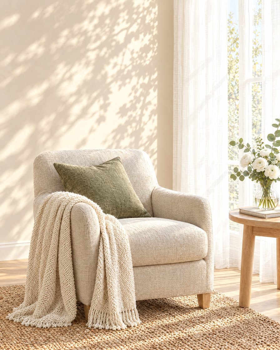 A linen armchair with a cushion and a knitted throw in a sunlit corner