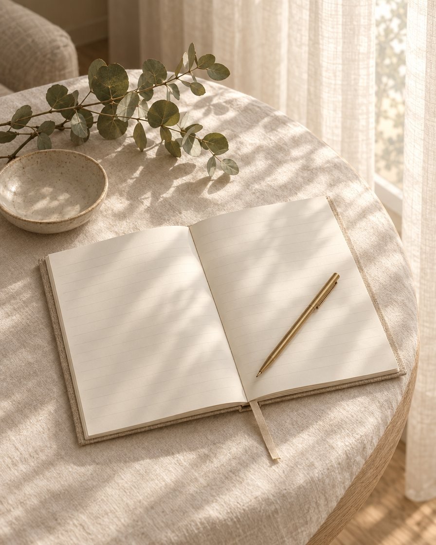 An open notebook and a brass pen on a linen-covered table